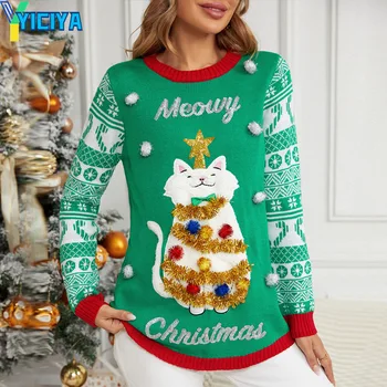 YICIYA suéter de Natal do gato bordado verde-Esmeralda Espessamento coreano moda das Mulheres de Malha de desenhos animados roupa casacos oversize y2k